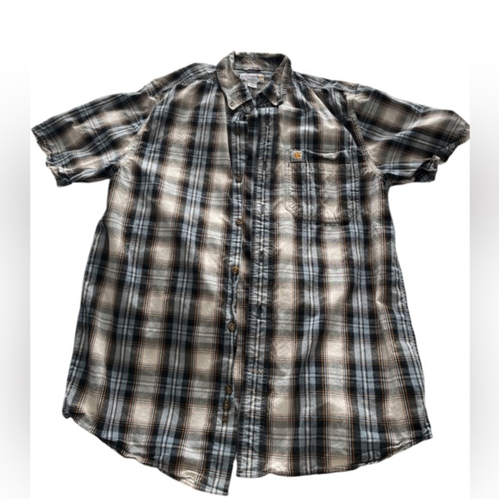 Cathartt medium Men’s short sleeve shirt button down plaid blue and tan